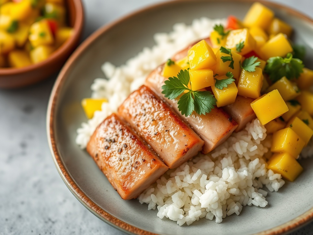 Tropical Seared Tuna with Coconut Rice and Mango Salsa